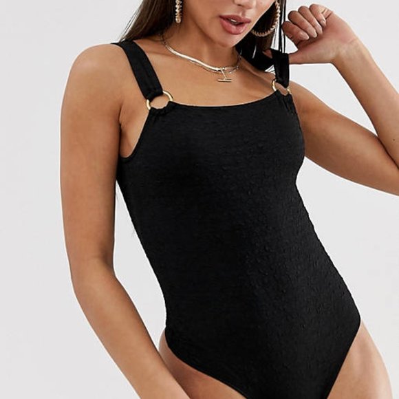 ASOS Petite Tops - ASOS Design Petite Square Neck Bodysuit in Crinkle
